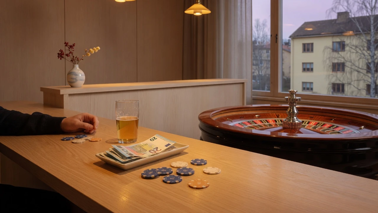 Svensk casinobord med euro sedlar och roulettehjul i varm belysning