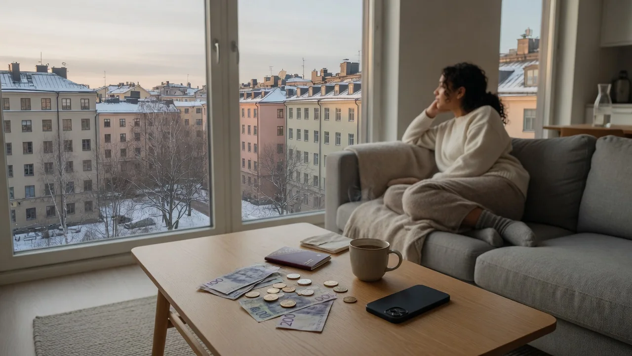 Svensk krona sedlar och mynt på soffbord i modern svensk lägenhet