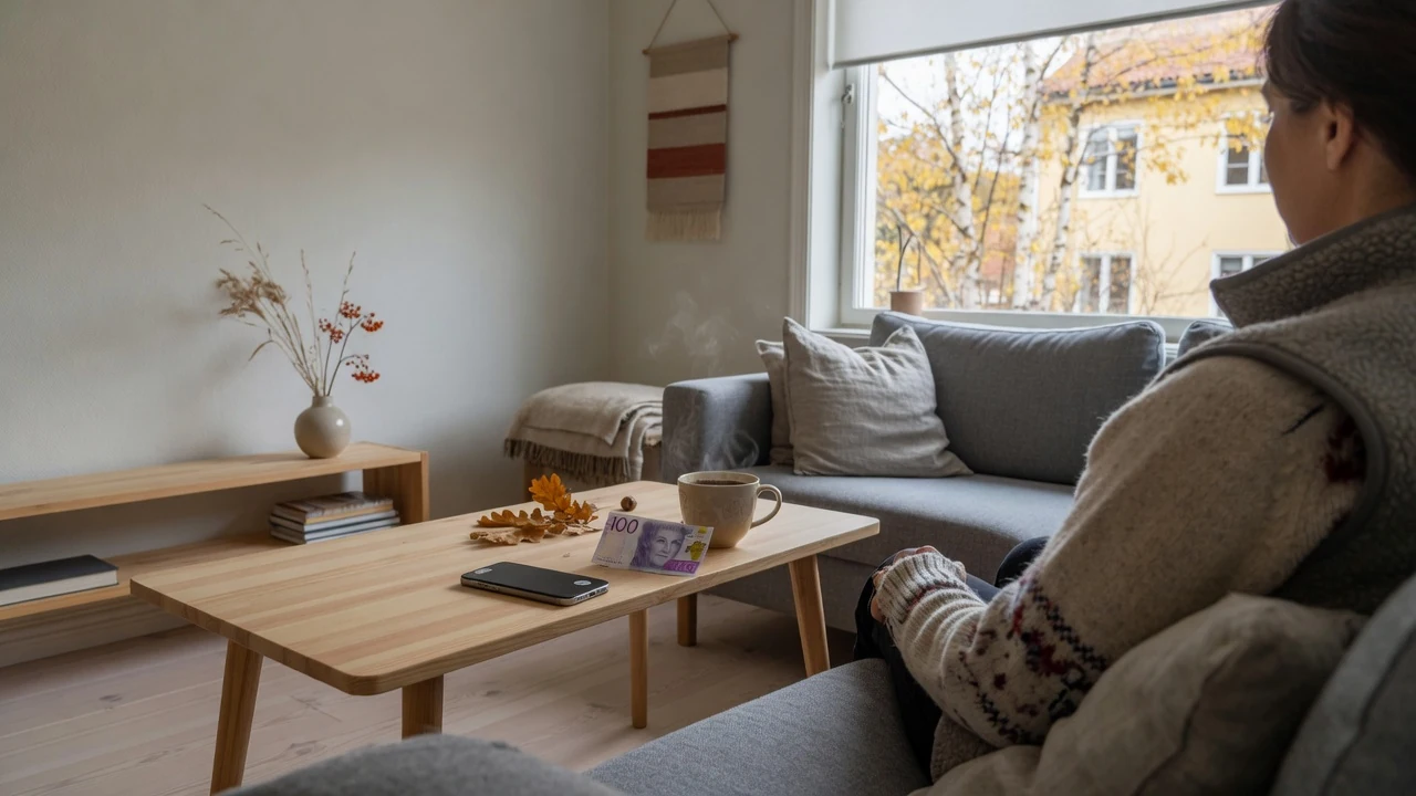 Avslappnad stund i svensk vardagsrum med mobiltelefon och kaffekopp