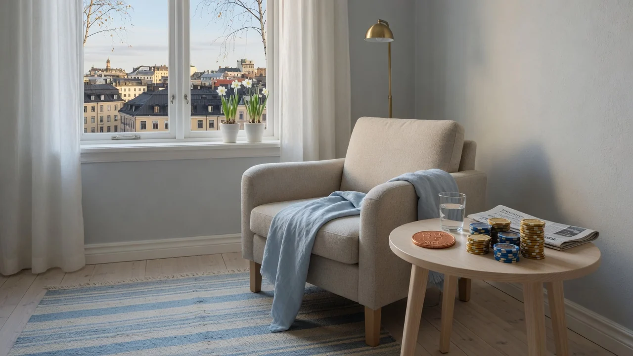 Svensk mynt och casinofärgar i en mysig nordisk vardagsrum