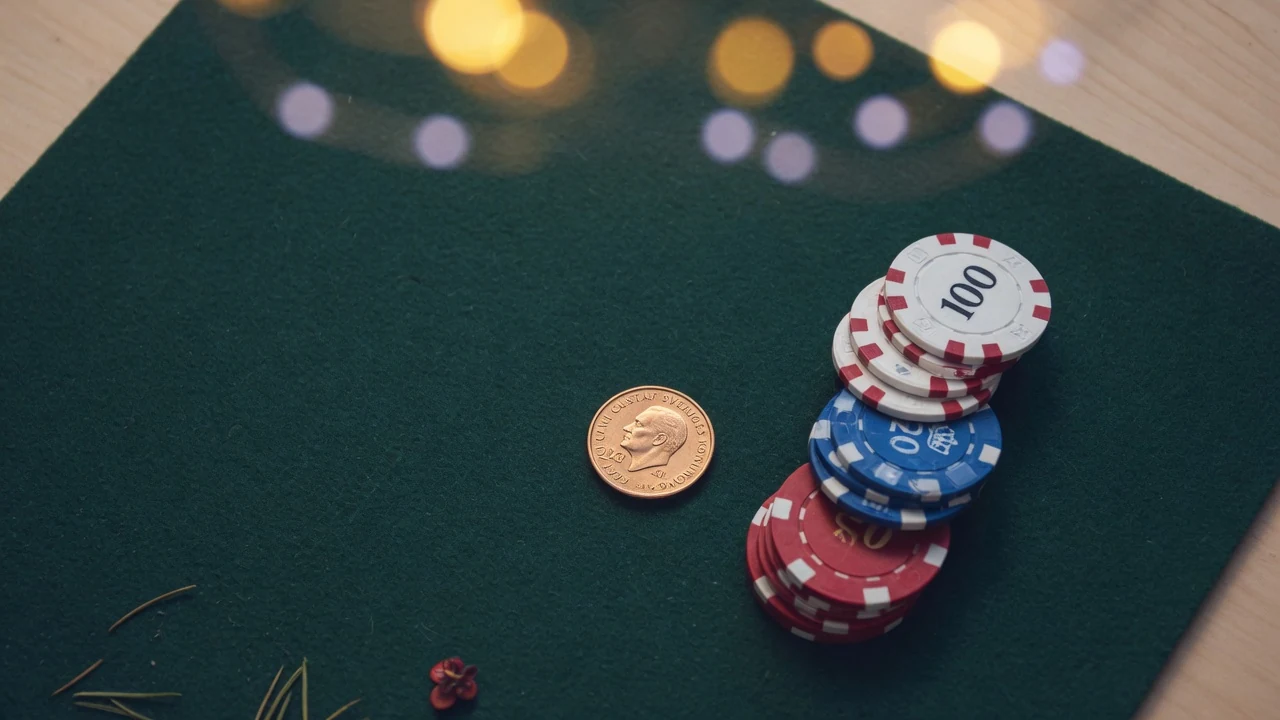 Svensk 20-kronors mynt med casinofärgade marker på filtbord