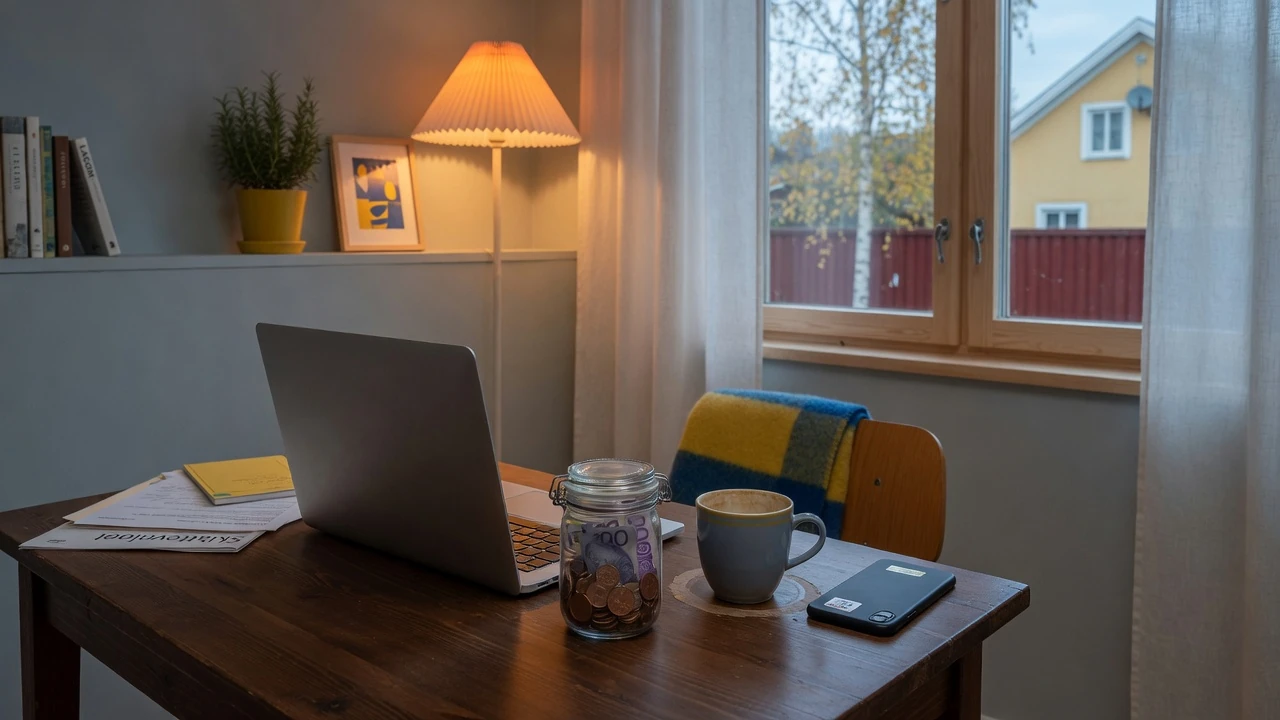 Svensk mysig hemmakontorsscen med 50-kronorsmynt och en stängd laptop