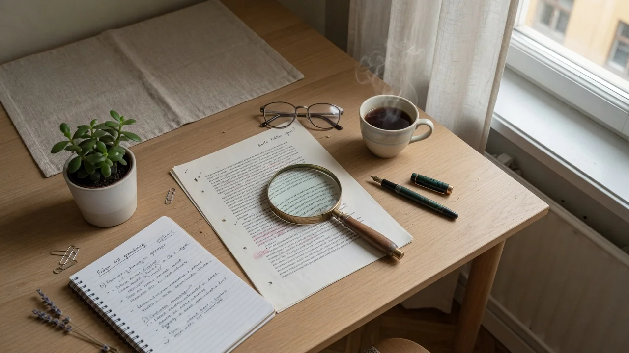 Minimalistisk redaktionell arbetsyta med förstoringsglas, anteckningsbok och kaffekopp.