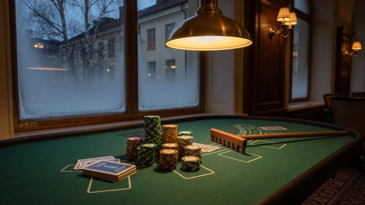 Elegant blackjackbord med marker och kort i en svensk casinolokal