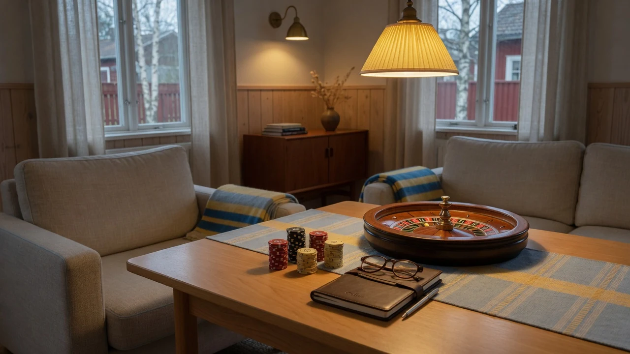 Elegant skandinavisk lounge med kasinotema och marker