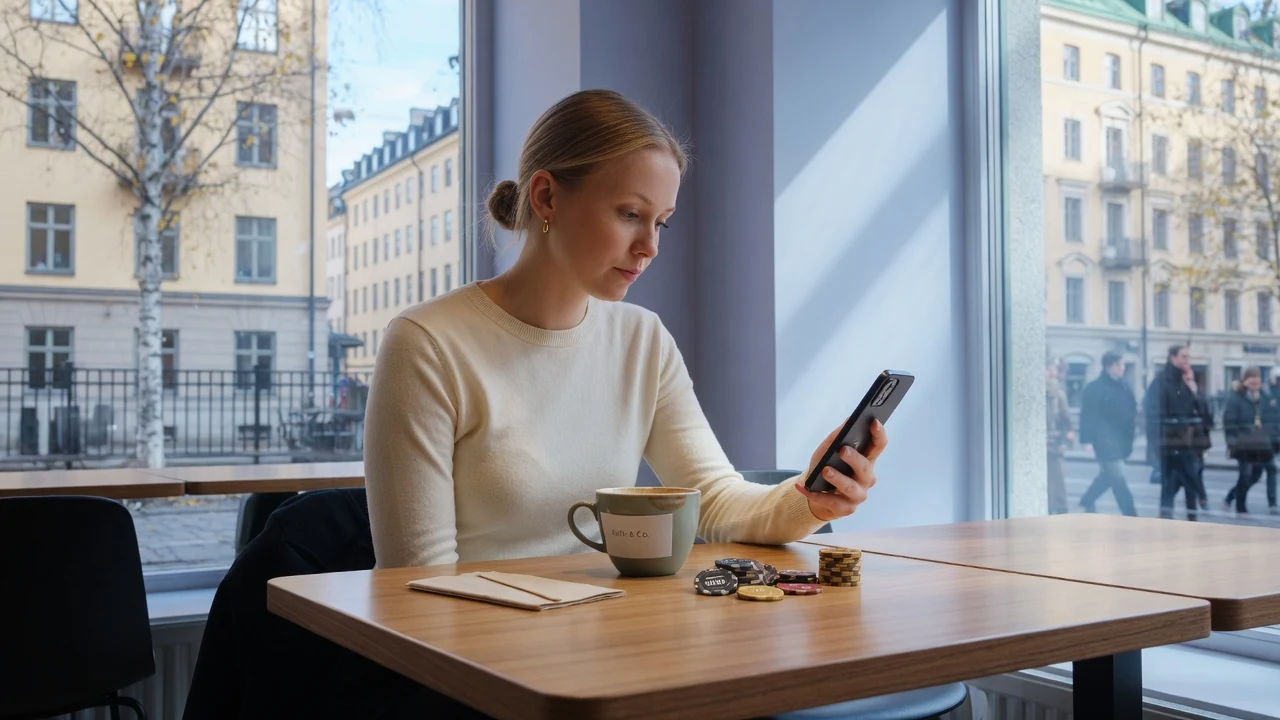 Person med smartphone vid ett bord med casinomarker, svensk mysig atmosfär