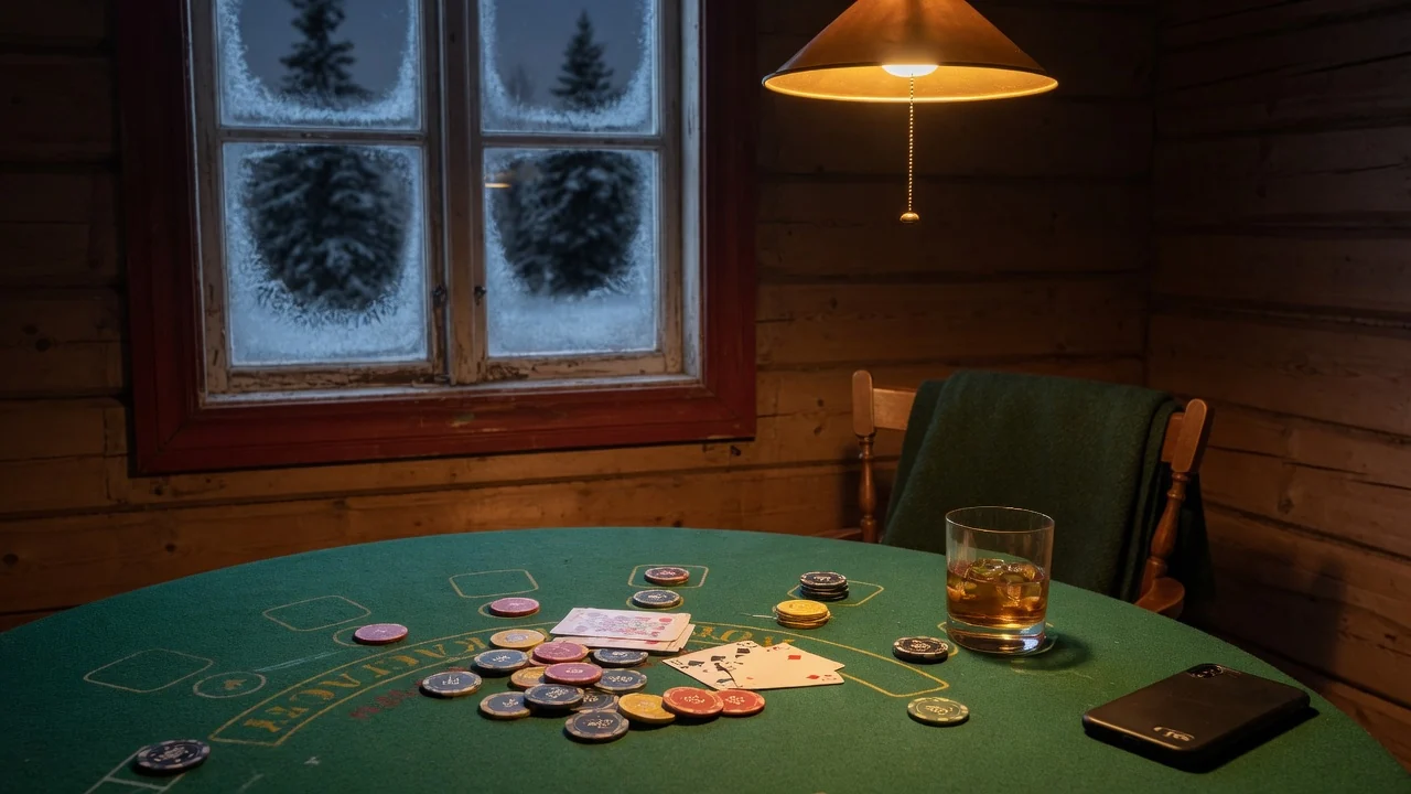 Mysigt blackjackbord med marker och kort i en svensk stuga