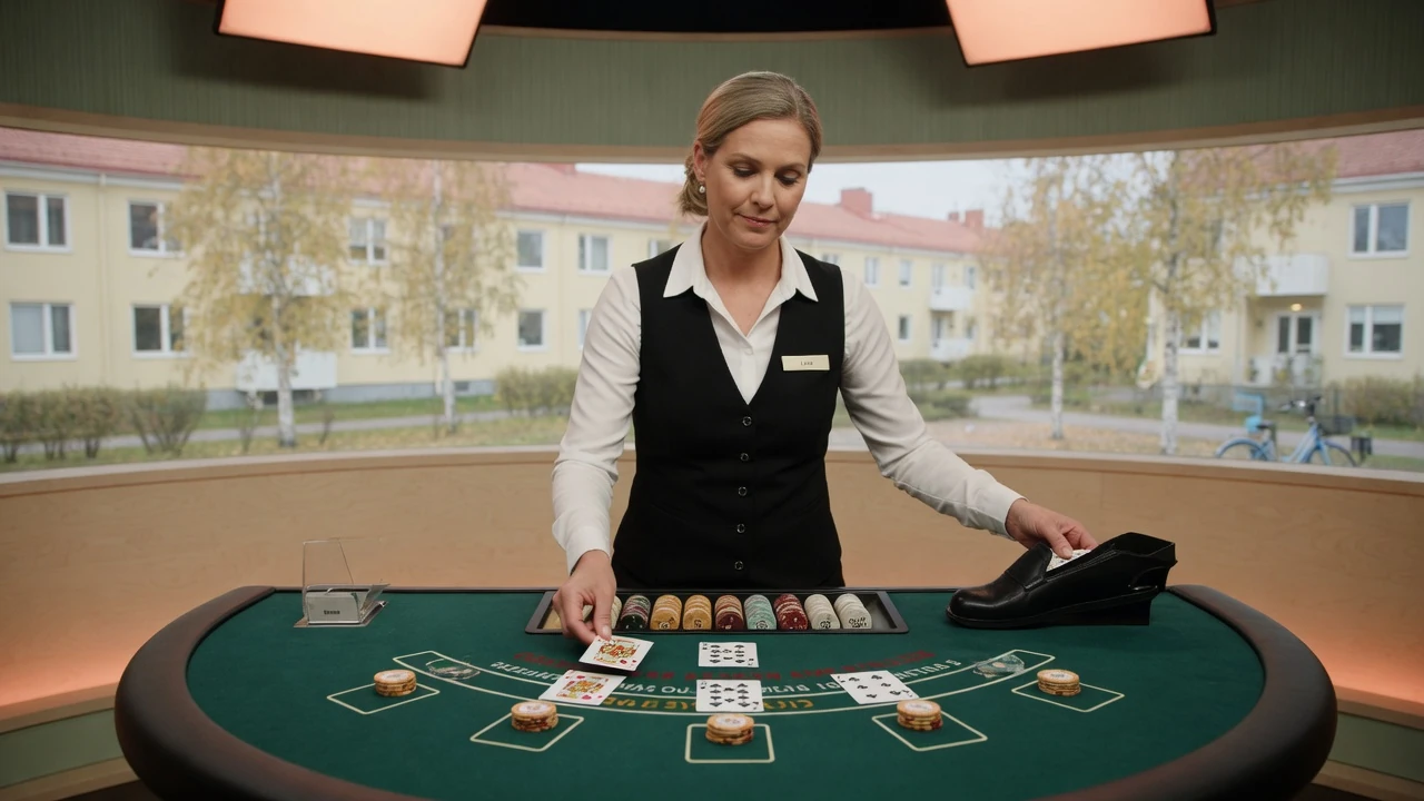 Live dealer vid blackjackbord i professionell casinostudio