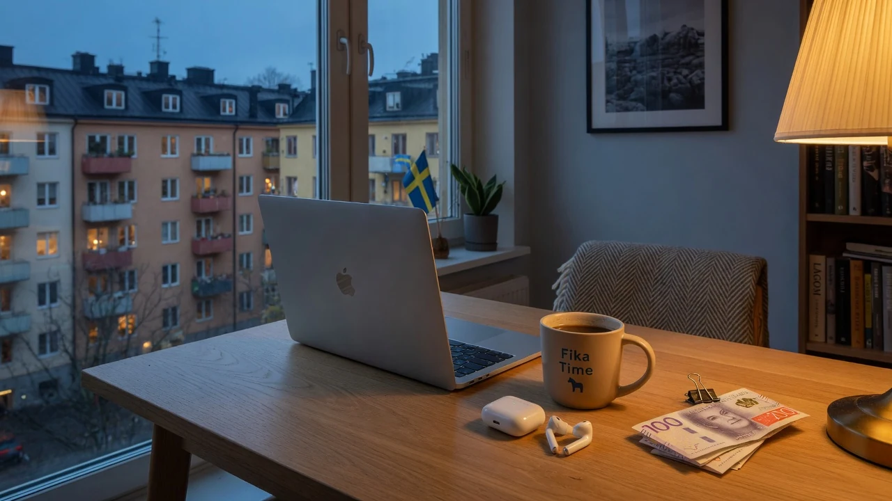 Skrivbord med stängd bärbar dator, kaffekopp och kronorsedlar i svensk hemmiljö