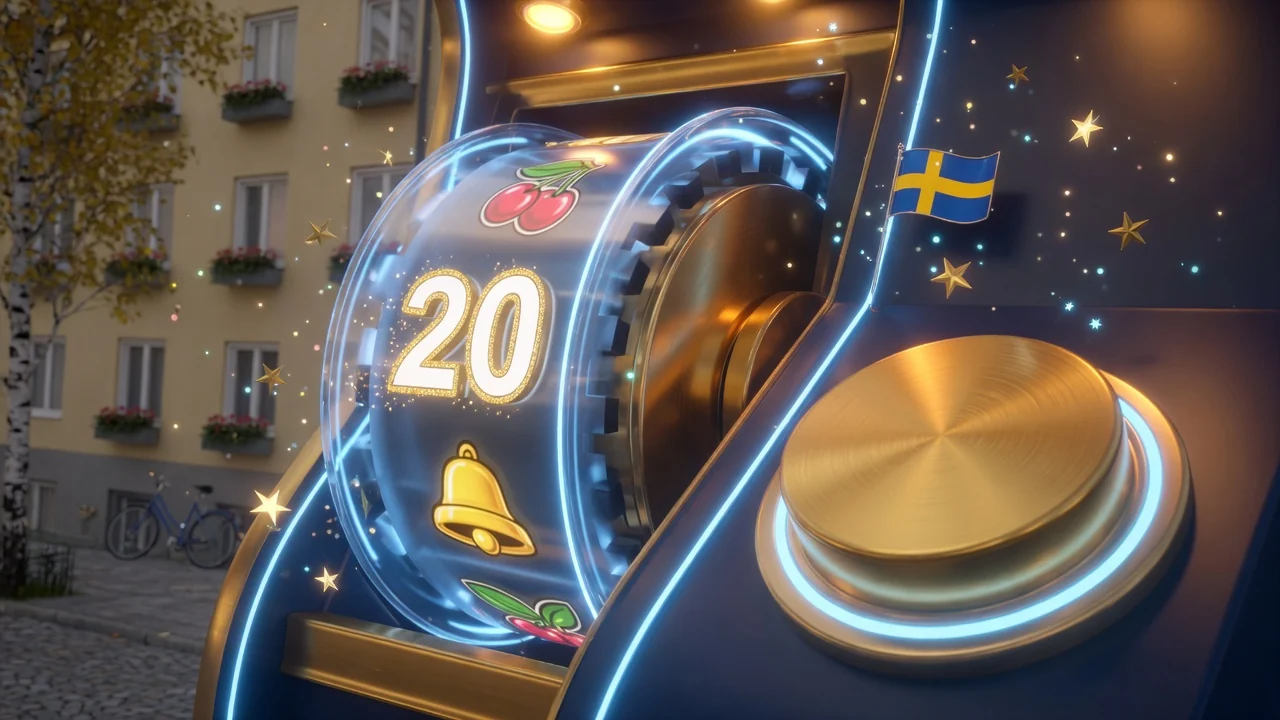 Gyllene spelautomat med siffrorna 20 och gnistrande stjärnor, svensk kasinostil