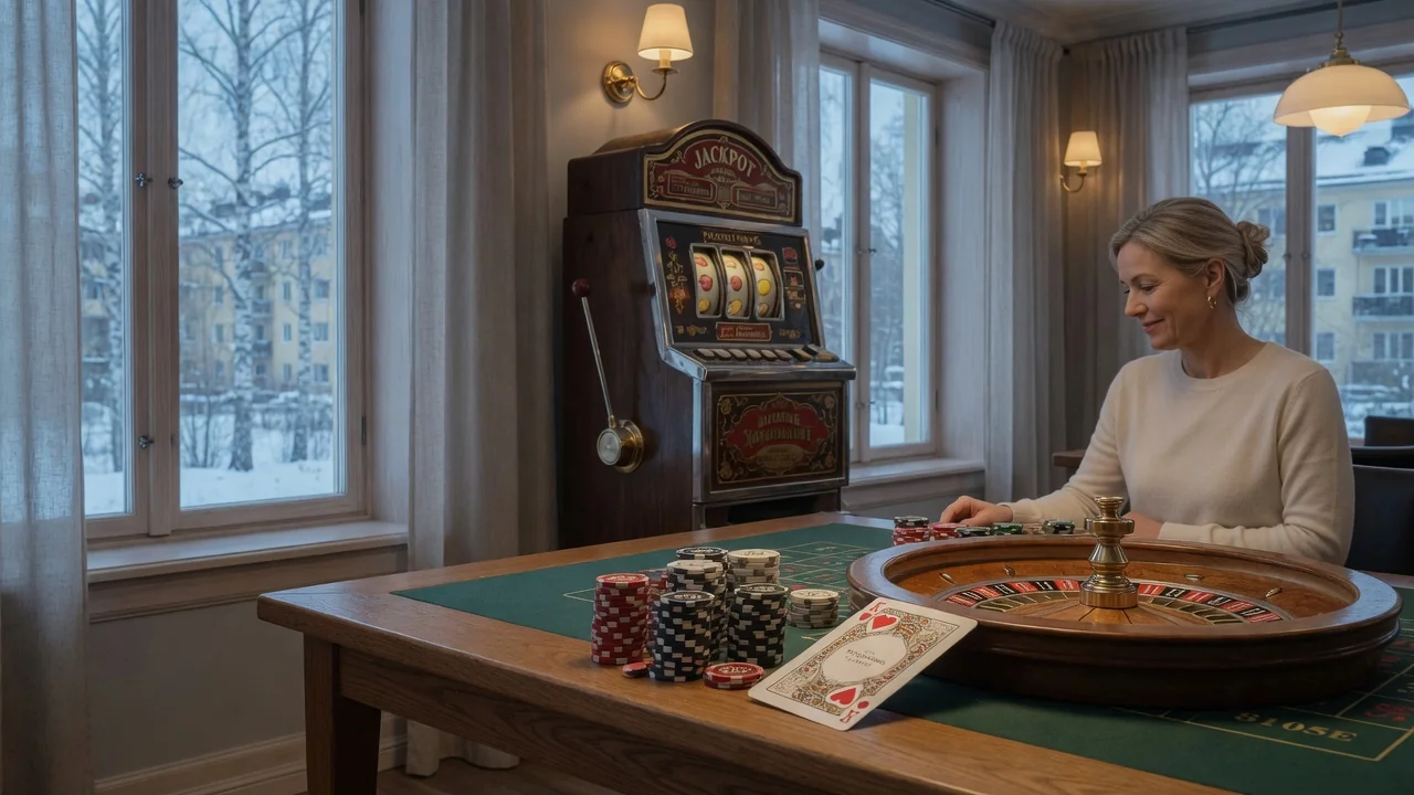 Stämningsfull svensk casinomiljö med marker, roulette och klassisk spelautomat