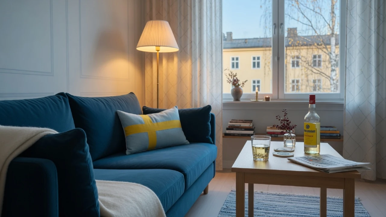 Modernt vardagsrum i Stockholm med svensk inredning och inbjudande atmosfär för casinospel 2026
