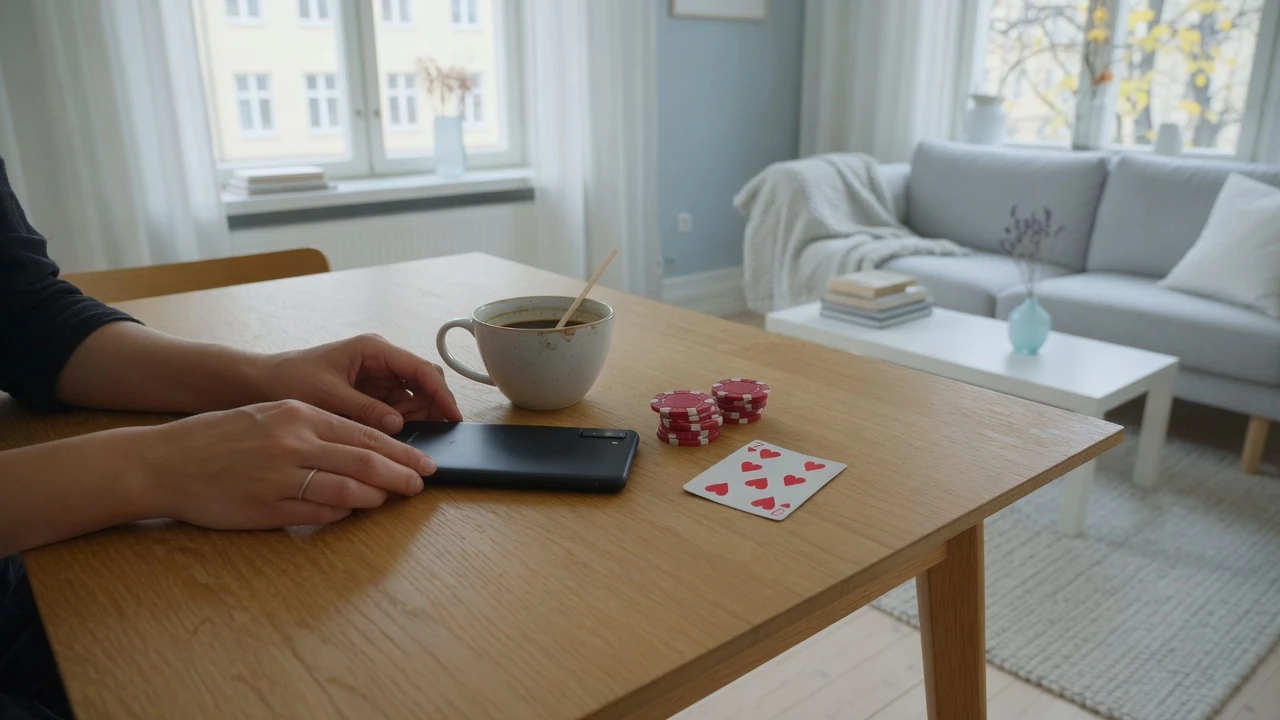 Händer håller en smartphone med casinomark och kort på bordet i ett nordiskt vardagsrum