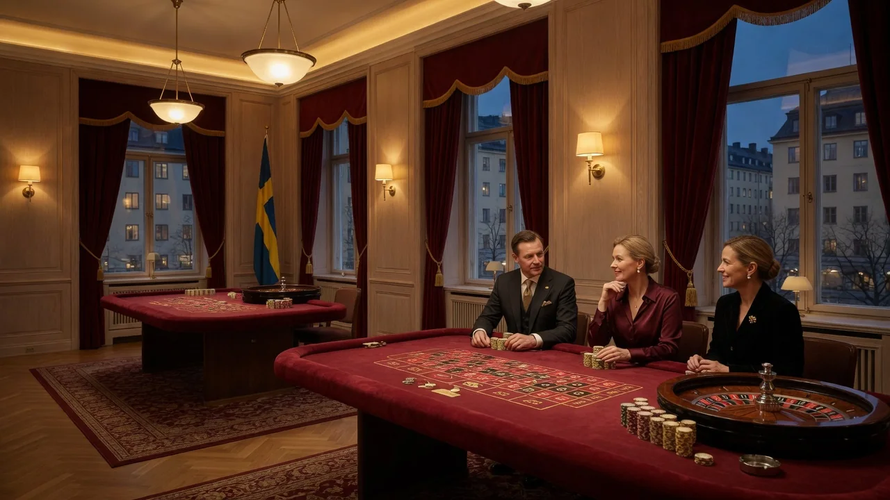 Elegant svensk casinohall med roulettebord och spelmarker