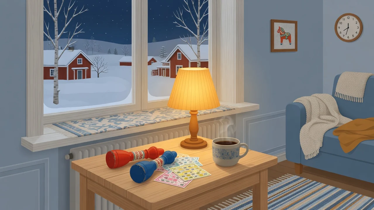 Bingo-brickor och markörer på ett bord i ett mysigt svenskt vardagsrum