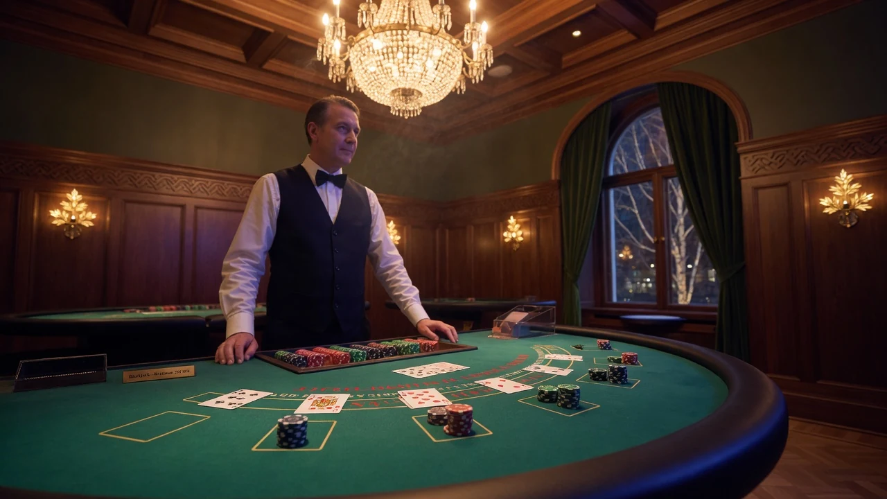 Elegant blackjackbord i ett svenskt casino med marker och kort, varm belysning