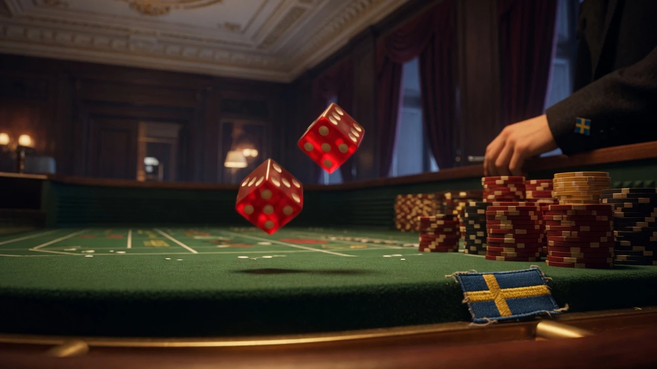 Två röda tärningar rullar på grönt crapsbord med casinotärningar, Sverige
