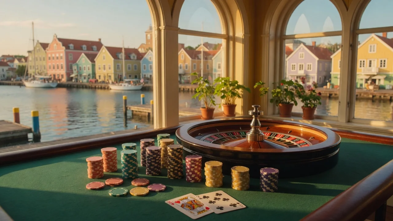 Lyxigt casinobord med roulette och färgglada marker vid Karibiens solnedgång