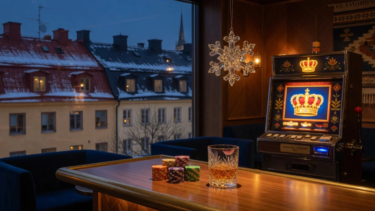 Elegant skandinavisk casinomiljö med marker och spelautomat