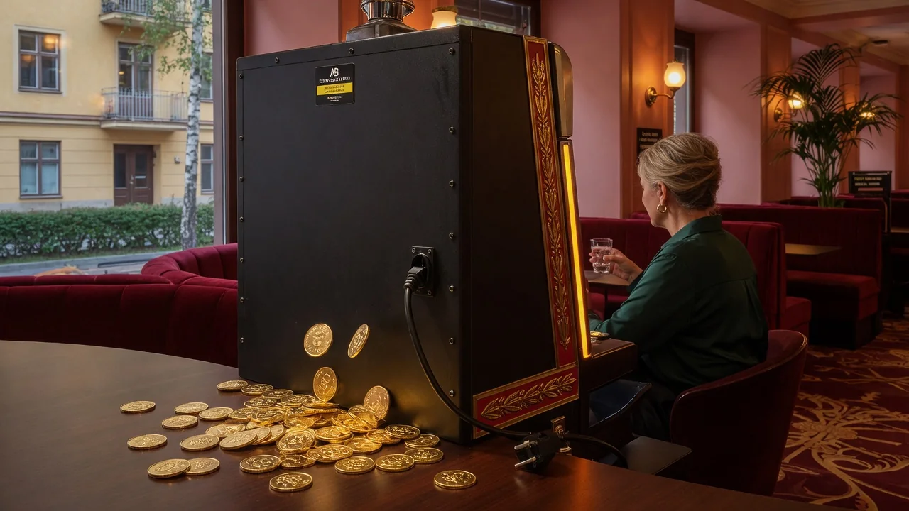 En klassisk spelautomat i en varm casinomiljö med guldmynten i förgrunden