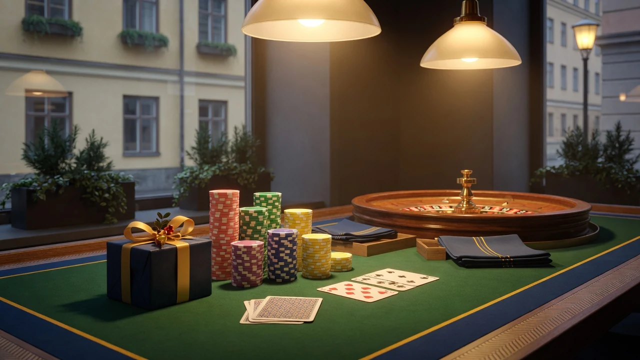 Elegant casinobord med marker, roulette, kort och en liten gåvobox i blågul svensk miljö