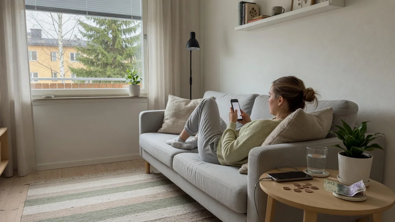 Person i svensk vardagsrum med telefon och svenska kronor på bordet