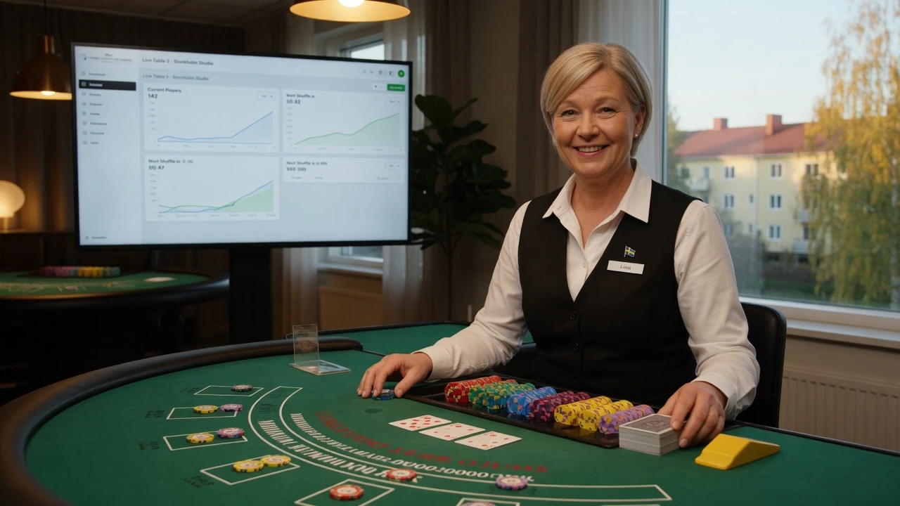 Professionell live dealer vid ett casinobord i en modern studio