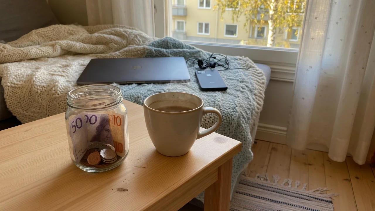 Svensk mynster och sedlar i en burk vid sidan av kaffe i ett mysigt vardagsrum.
