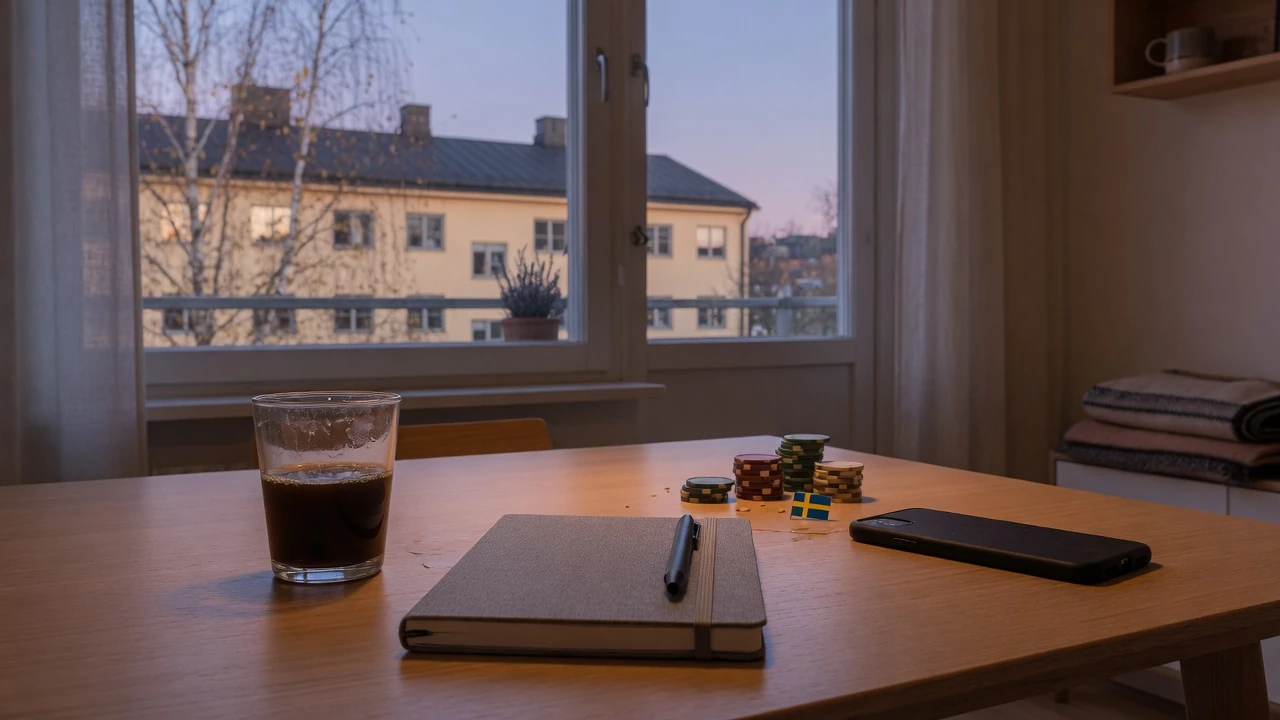 Svenskt hem med vikbar telefon, kaffeglas och casinospelmark bredvid en svensk flagga