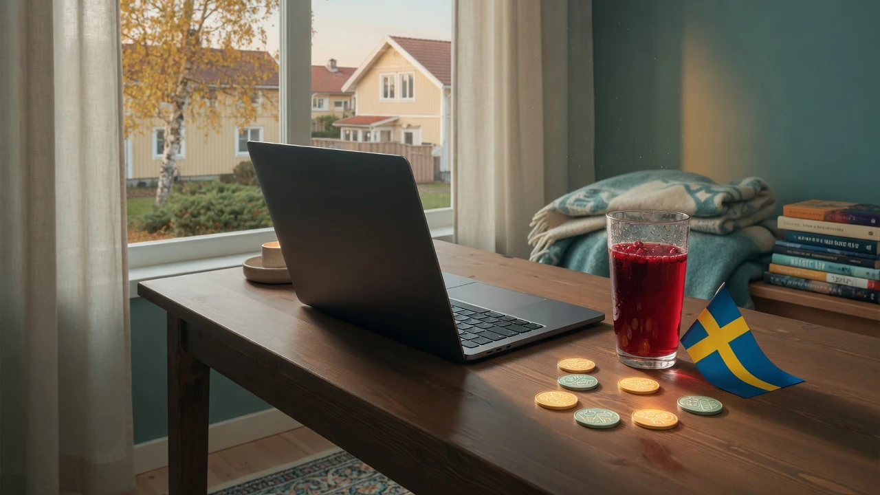 Modernt skrivbord med stängd laptop och mynt i nordisk miljö