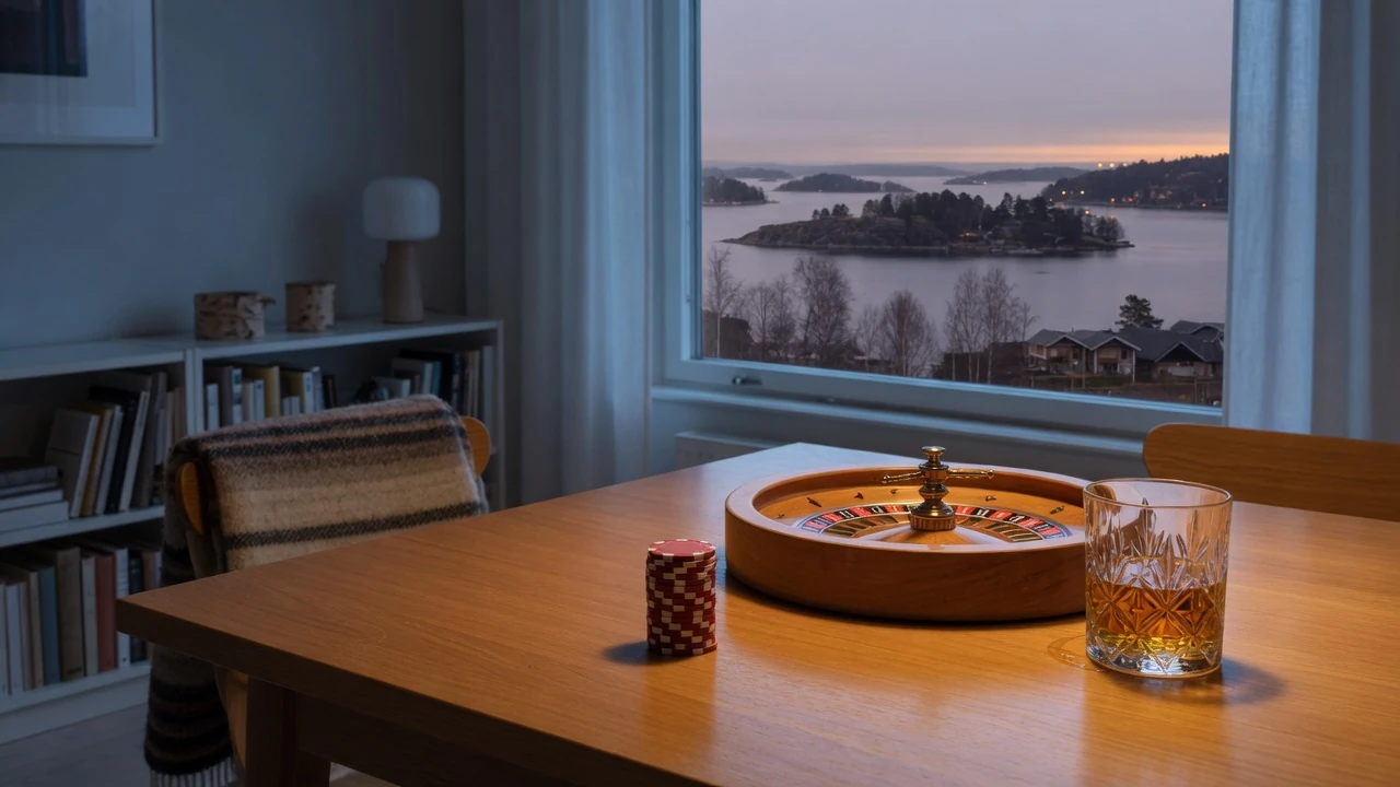 Casinochips och roulettehjul på bord i modern svensk lägenhet