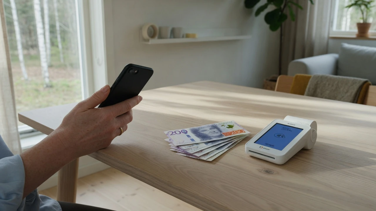 Svensk hand håller telefon med kronorsedlar och betalterminal på bord