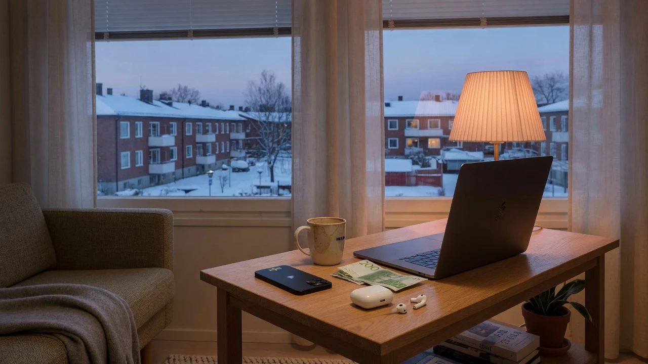Stängt laptop och telefon på bord i svenskt vardagsrum med kronorsedlar