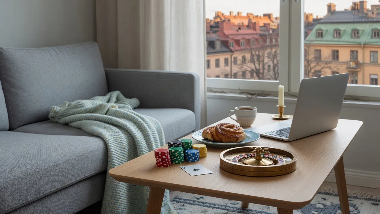 Mysigt svenskt vardagsrum med casinofigurer, fika och stängd laptop