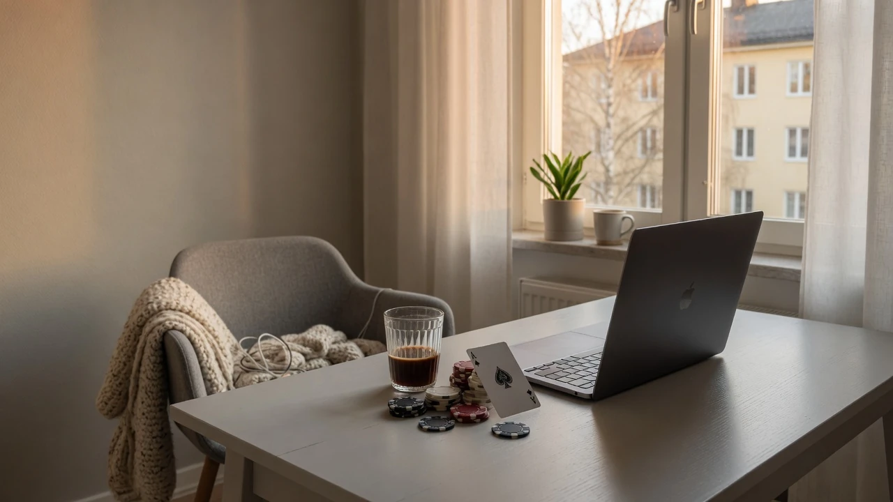 Modern skandinavisk skrivbord med stängd laptop, kaffekopp och enstaka casinofigurer i mjukt ljus.