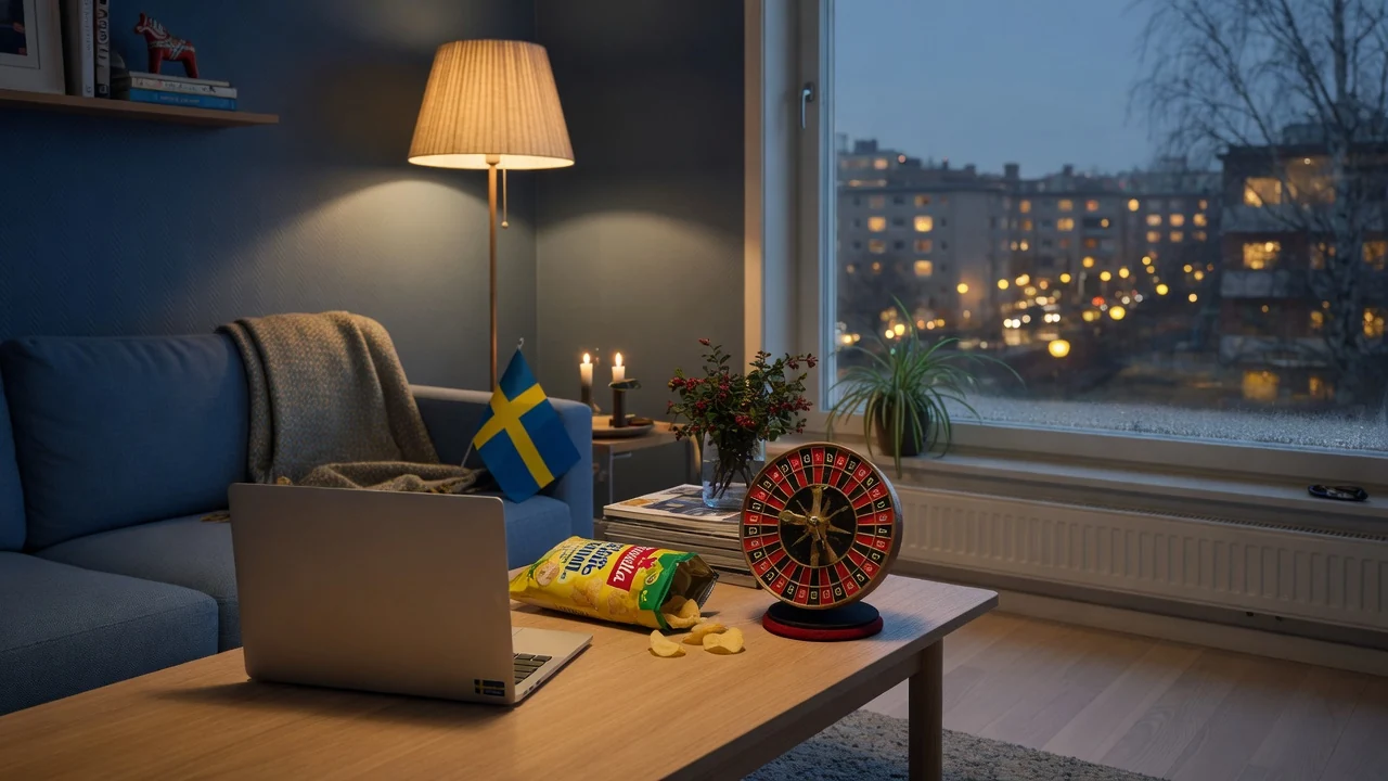 Modernt svenskt vardagsrum med stängd laptop och casinotillbehör