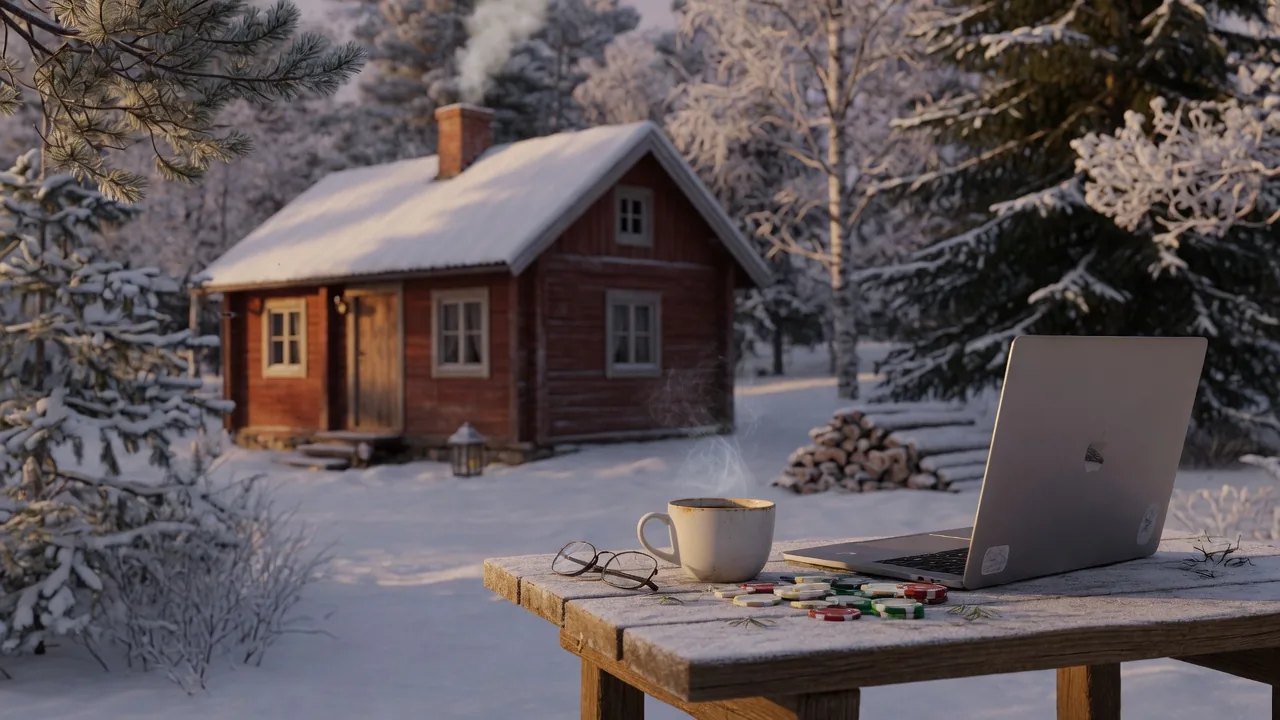 Traditionell svensk stuga i vinterskog med kaffe och casinomarker vid ett stängt bord