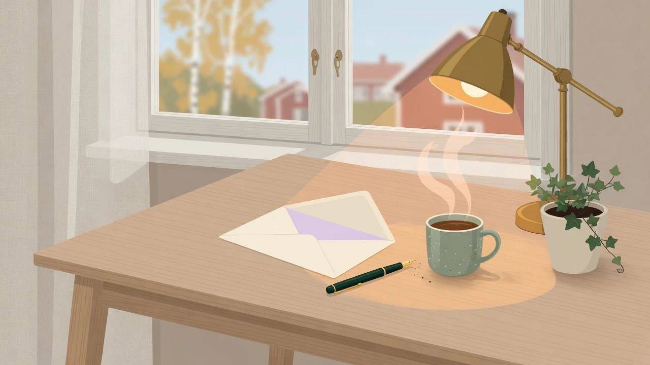 Svensk redaktions arbetshörna med brev, kaffekopp och skrivbordslampa