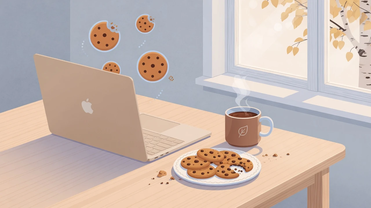 Bord med laptop, kaffekopp och nybakade kakor som illustrerar cookies