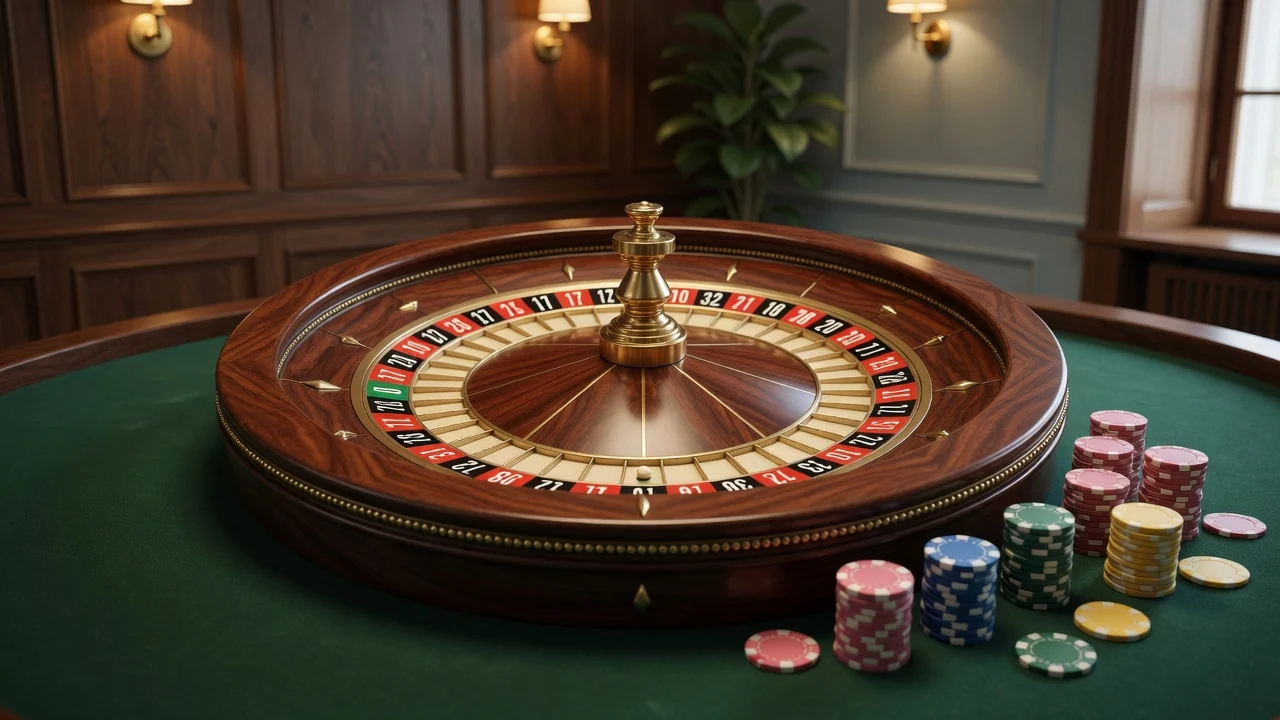 Elegant roulettehjul i polerat trä med färgglada casinotokens på grönt filtunderlägg