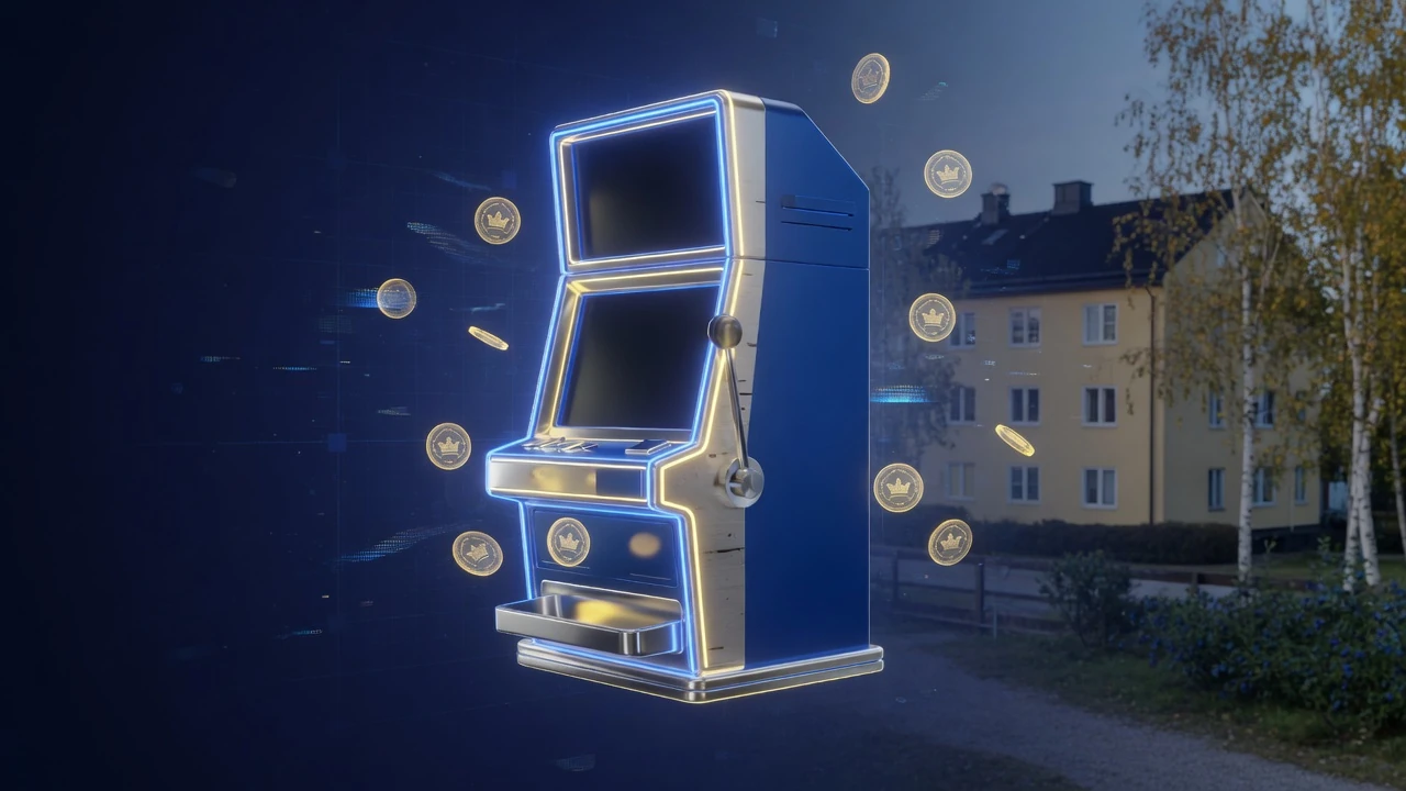 Glowing stiliserad spelautomat i digitalt blått rum med svensk färgpalett