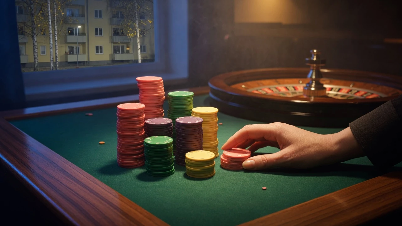 Staplade casinofigurer på grönt filtbord med roulettehjul i bakgrunden