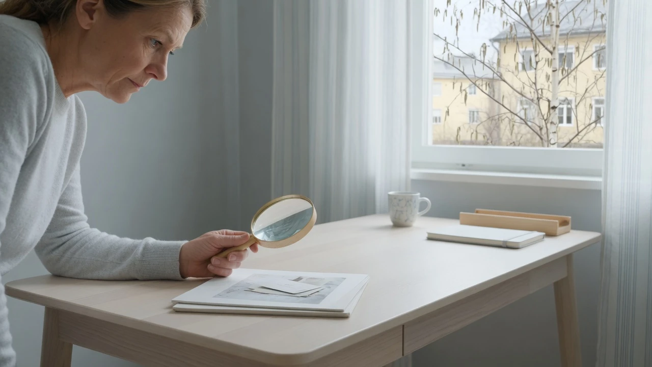 Person som granskar dokument med förstoringsglas vid skrivbord