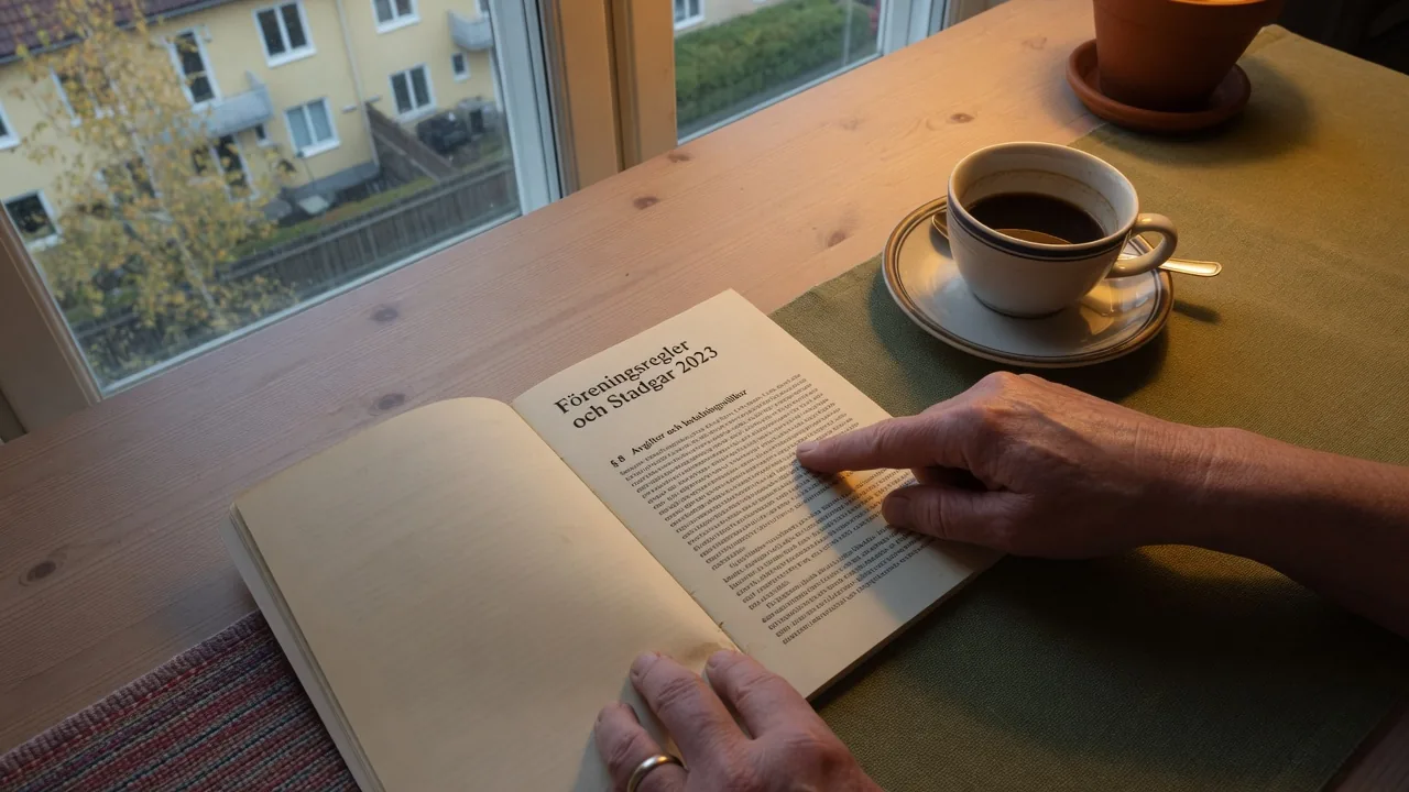 Händer som pekar på villkorstext i en bok med finstilta regler