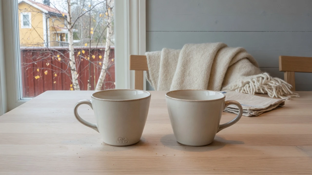 Två tomma kaffekoppar på bord som symbol för jämförelse