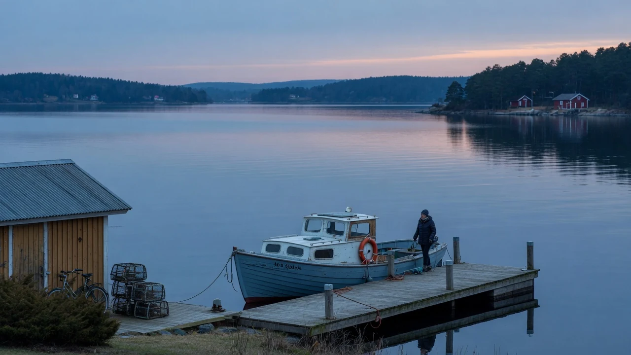Liten båt vid svensk hamn i skymning, symbol för gränser