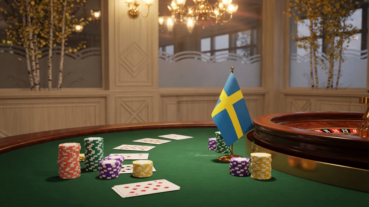 Elegant casinobord med färgglada marker, spelkort och roulette i gyllene belysning