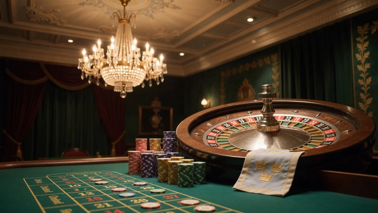 Elegant casino roulettebord med färgade marker i varm belysning