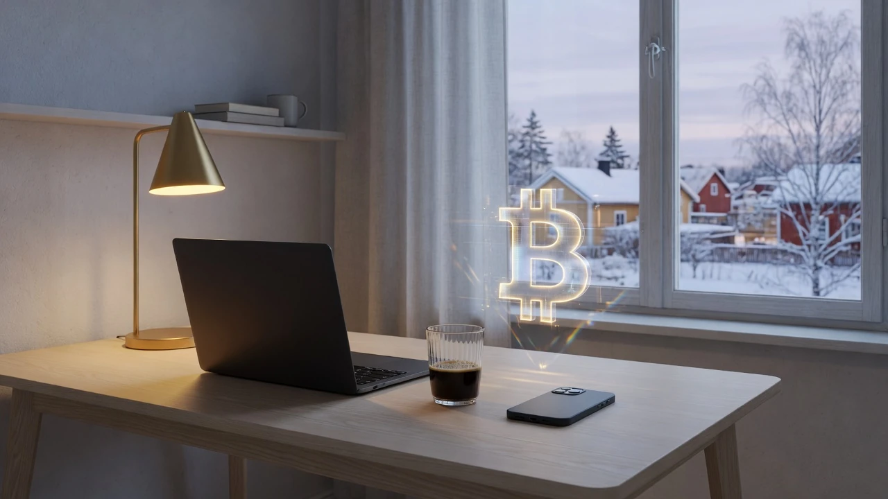 Modernt skrivbord med laptop och smartphone, glödande kryptovalutasymbol mot svenskt vinterljus