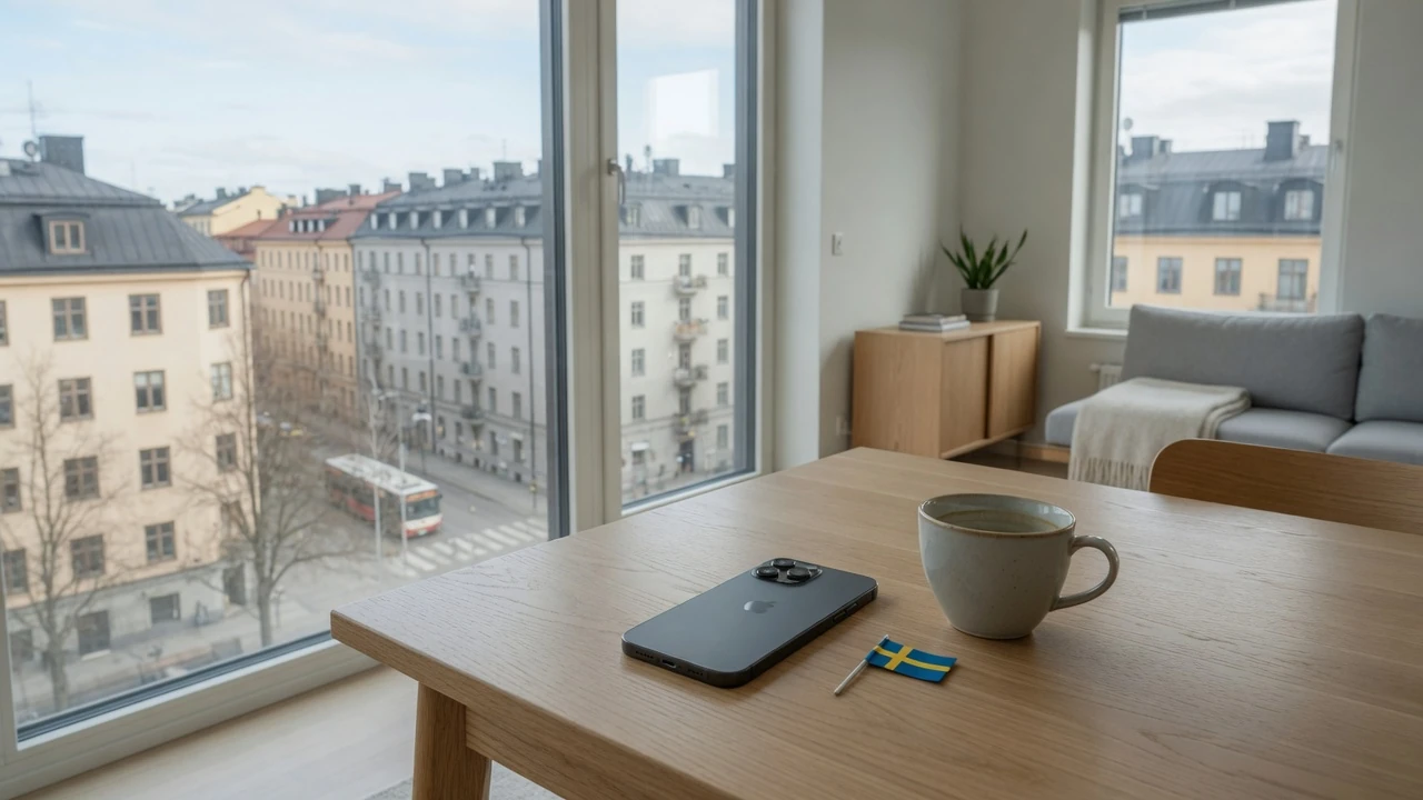 Modernt svenskt vardagsrum med telefon och kaffekopp på bordet